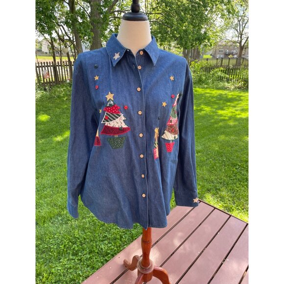 Karen Scott Sport Womens Denim Button-Up Shirt With Festive Holiday Tree Patchwo - Picture 1 of 7